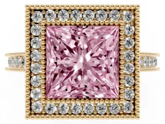 Fancy Pink Princess Cut Diamond Halo Milgrain Pavé Band Ring Set in Yellow gold with Prong Setting
