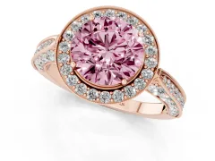 Fancy Pink Round Cut Diamond Halo Engagement Ring Set in Rose gold with Accent Split Shank Band