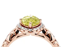 Fancy Yellow Marquise Cut Diamond Halo Ring Set in Rose gold with Filigree Leaf Band and Prong Setting