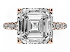 Asscher Cut Diamond Solitaire Ring Set in Rose gold with Brilliant Pavé Band and Prong Setting