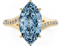 Fancy Blue Marquise Cut Diamond Solitaire Ring Set in Yellow gold with Pavé Accent Band and Classic Prong Setting