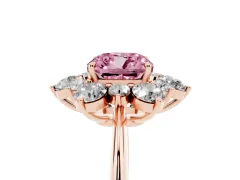 Fancy Pink Cushion Cut Diamond Cluster Halo Ring Set in Rose gold with Solitaire Band and Prong Setting