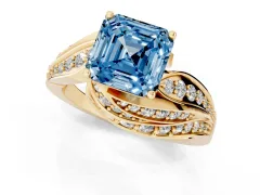 Fancy Blue Asscher Cut Diamond Solitaire Ring Set in Yellow gold with Layered Twist Pavé Band