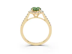 Fancy Green Oval Cut Diamond Pavé Halo Engagement Ring Set in Yellow gold with Pavé Band and Prong Setting