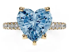 Fancy Blue Heart Cut Diamond Solitaire Ring Set in Yellow gold with Brilliant Pavé Band and Prong Setting
