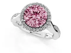 Fancy Pink Round Cut Diamond Halo Twist Band Solitaire Ring Set in Platinum with Prong Setting