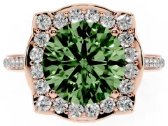 Fancy Green Round Cut Diamond Halo Ring Set in Rose gold with Pavé-Lined Shoulders and Prong Setting