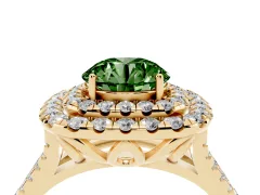 Fancy Green Round Cut Diamond Double Halo Ring Set in Yellow gold with Pavé Split Shank and Prong Setting