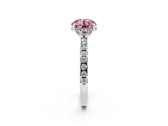 Fancy Pink Round Cut Diamond Pavé Solitaire Ring Set in White gold with Round Band Accents and Prong Setting