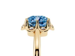 Fancy Blue Cushion Cut Diamond Round Cluster Halo Ring Set in Yellow gold with Solitaire Band and Prong Setting