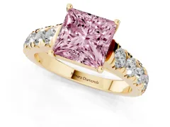 Fancy Pink Princess Cut Diamond Solitaire Ring Set in Yellow gold with Cut-Down Micro Pavé Band and Prong Setting