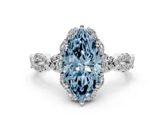 Fancy Blue Marquise Cut Diamond Halo Twist Band Solitaire Ring Set in White gold with Prong-Set Center Stone
