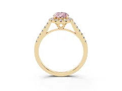 Fancy Pink Pear Cut Diamond Pavé Halo Engagement Ring Set in Yellow gold with Pavé Band and Prong Setting