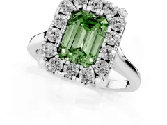 Fancy Green Emerald Cut Diamond Cluster Halo Solitaire Ring Set in White gold with Prong Setting