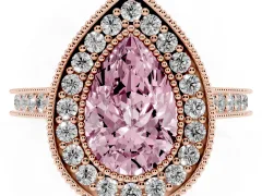 Fancy Pink Pear Cut Diamond Halo Milgrain Pavé Band Ring Set in Rose gold with Prong Setting