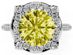 Fancy Yellow Round Cut Diamond Halo Ring Set in Silver with Pavé-Lined Shoulders and Prong Setting