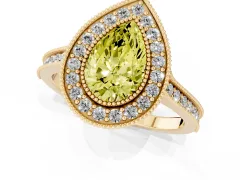 Fancy Yellow Pear Cut Diamond Halo Milgrain Pavé Band Ring Set in Yellow gold with Prong Setting