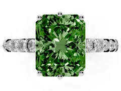 Fancy Green Radiant Cut Diamond Solitaire Engagement Ring Set in Platinum with Pavé Band and Prong Setting