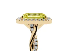 Fancy Yellow Emerald Cut Diamond Halo Twist Band Solitaire Ring Set in Yellow gold with Prong Setting
