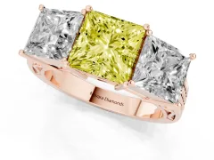 Fancy Yellow Princess Cut Diamond Three-Stone Ring Set in Rose gold with Textured Band