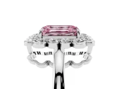 Fancy Pink Emerald Cut Diamond Halo Cluster Engagement Ring Set in Silver with Solitaire Band and Prong Setting