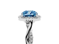 Fancy Blue Cushion Cut Diamond Halo Twist Band Solitaire Ring Set in Platinum with Prong Setting