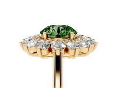 Fancy Green Round Cut Diamond Floral Double Halo Ring Set in Yellow gold with Round Petals