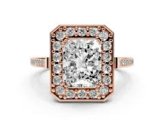 Radiant Cut Diamond Halo Ring Set in Rose gold with Accent-Lined Split Shank and Prong Setting