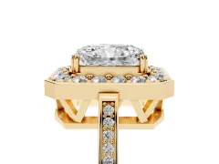 Radiant Cut Diamond Halo Ring Set in Yellow gold with Accent-Lined Split Shank and Prong Setting