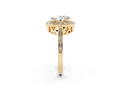 Oval Cut Diamond Halo Ring Set in Yellow gold with Accent-Lined Split Shank and Prong Setting