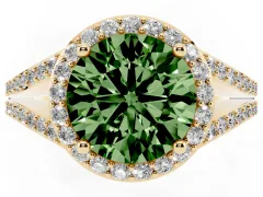 Fancy Green Round Cut Diamond Halo Split Shank Ring Set in Yellow gold with Accent Stones and Prong Setting