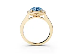Fancy Blue Round Cut Diamond Halo Ring Set in Yellow gold with Pavé-Lined Shoulders and Prong Setting
