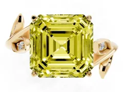 Fancy Yellow Asscher Cut Diamond Solitaire Twist Engagement Ring Set in Yellow gold with Pavé Leaf Accents