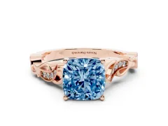 Fancy Blue Cushion Cut Diamond Vine Band Solitaire Ring Set in Rose gold with Milgrain Prong Setting
