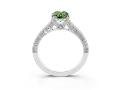 Fancy Green Oval Cut Diamond Solitaire Ring Set in White gold with Milgrain-Edged Pavé Band and Prong Setting