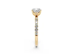 Cushion Cut Diamond Solitaire Engagement Ring Set in Yellow gold with Round Pavé Band and Prong Setting