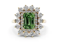 Fancy Green Emerald Cut Diamond Floral Double Halo Ring Set in Yellow gold with Round Petals