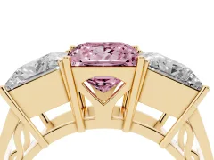 Fancy Pink Princess Cut Diamond Three-Stone Ring Set in Yellow gold with Textured Band