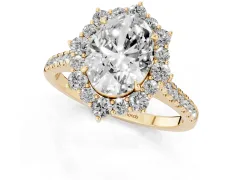 Oval Cut Diamond Halo Ring Set in Yellow gold with Pavé Band and Prong Setting