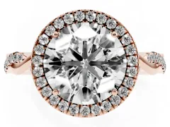 Round Cut Diamond Halo Twist Band Solitaire Ring Set in Rose gold with Prong Setting