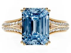 Fancy Blue Emerald Cut Diamond Split Shank Pavé Engagement Ring Set in Yellow gold with Prong-Set Center Stone