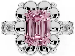 Fancy Pink Emerald Cut Diamond Floral Halo Ring Set in White gold with Shared Prong Band