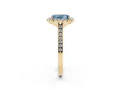 Fancy Blue Emerald Cut Diamond Cushion Halo Ring Set in Yellow gold with Pavé Band