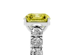 Fancy Yellow Asscher Cut Diamond Solitaire Ring Set in White gold with Cut-Down Micro Pavé Band and Prong Setting