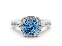 Fancy Blue Cushion Cut Diamond Halo Twist Band Solitaire Ring Set in Silver with Prong Setting