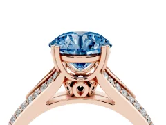 Fancy Blue Round Cut Diamond Split Shank Pavé Engagement Ring Set in Rose gold with Prong-Set Center Stone