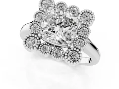 Cushion Cut Diamond Cluster Halo Ring Set in Platinum with Milgrain Bezel Accents and Plain Band