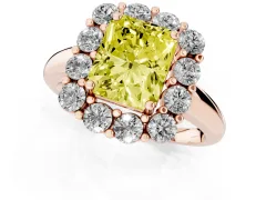 Fancy Yellow Radiant Cut Diamond Halo Cluster Engagement Ring Set in Rose gold with Polished Band and Prong Setting
