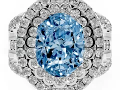 Fancy Blue Oval Cut Diamond Double Halo Ring Set in Platinum with Round Pavé Split Shank