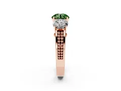 Fancy Green Round Cut Diamond Three-Stone Ring Set in Rose gold with Textured Band